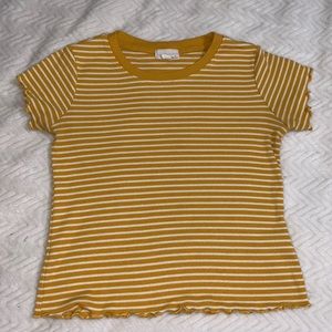 Yellow and white striped ruffle shirt
